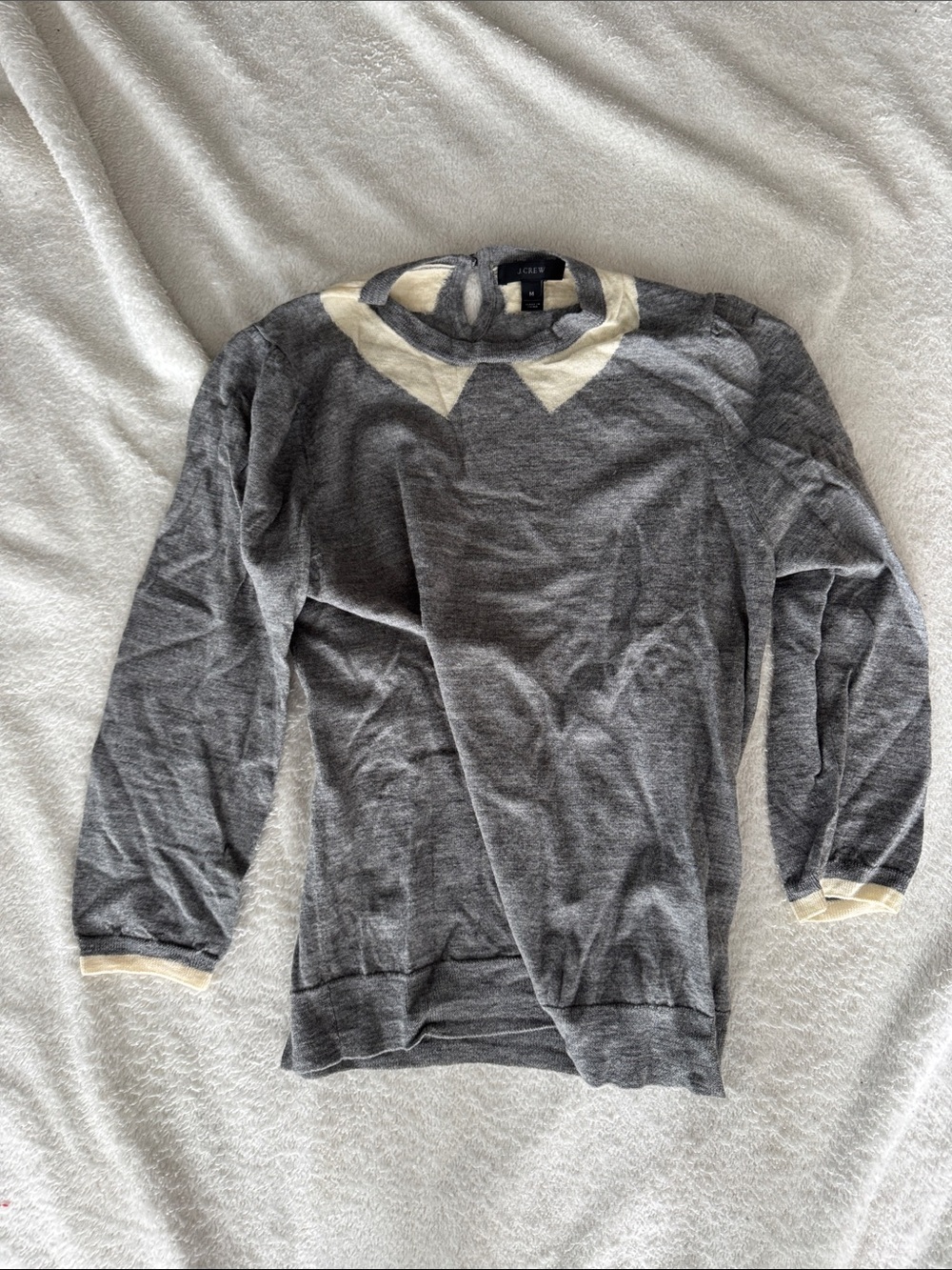 J. Crew Gray Crewneck Sweater with Cream Collar and Cuff Accents